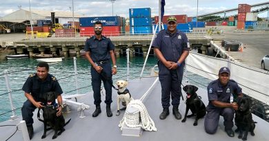 Sniffer dogs working with Fiji’s Police and Customs staff trained on the Royal New Zealand Navy Inshore Patrol Vessel HMNZS Hawea, which has been deployed to Fiji for six months to help with maritime surveillance.