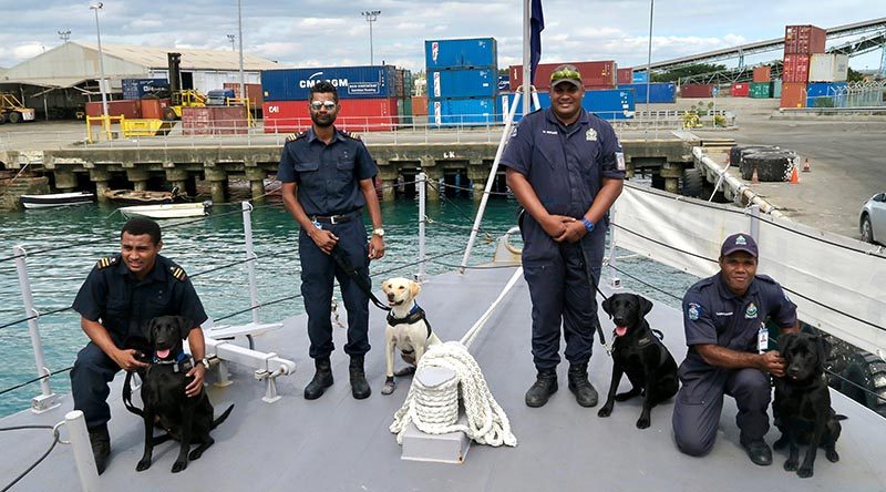 Sniffer dogs working with Fiji’s Police and Customs staff trained on the Royal New Zealand Navy Inshore Patrol Vessel HMNZS Hawea, which has been deployed to Fiji for six months to help with maritime surveillance.