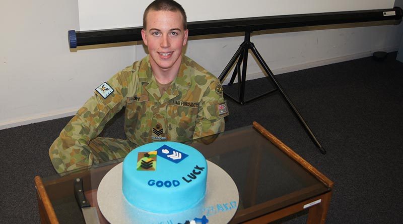 CFSGT Jake Dippy at Hampstead Barracks with his farewell cake. Image by Pilot Officer (AAFC) Paul Rosenzweig