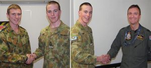 CUO Aaron Musk (left), Cadet Executive Officer of 604 Squadron, and Executive Officer of 604 Squadron, FLTLT (AAFC) Brett Walker (also a member of the RAAF), farewells CFSGT Jake Dippy. Images by Pilot Officer (AAFC) Paul Rosenzweig