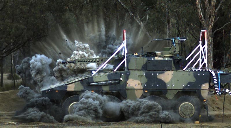 The Rheinmetall Boxer undergoes blast testing at Proof and Experimental Establishment - Graytown Victoria. ADF photo.