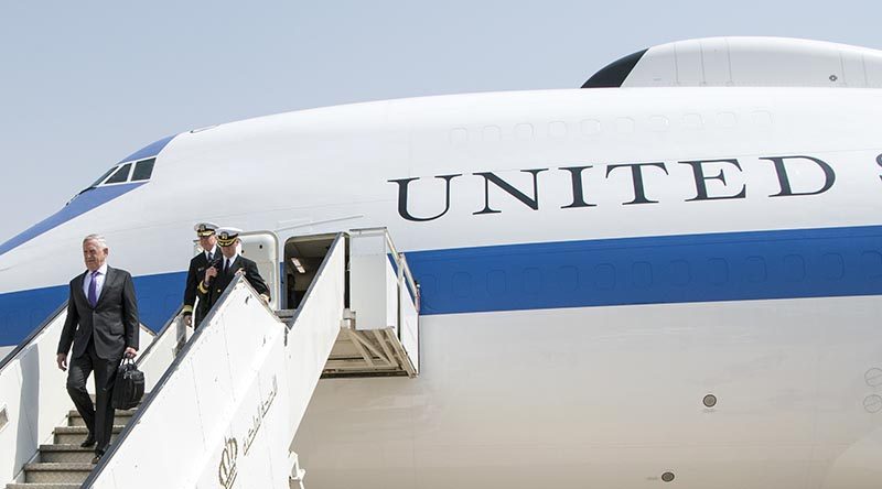 Secretary of Defense Jim Mattis arrives in Amman, Jordan, on the eve of President Trump's speech on a new strategy for Afghanistan. DOD photo by USAF Staff Sergeant Jette Carr.