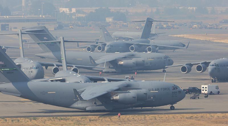 C-17A Globemaster's from the United States Air Force begin to taxi for another mission during Exercise Mobility Guardian 17 at Joint Base Lewis-McChord, Washington. Photo by Corporal David Gibbs.