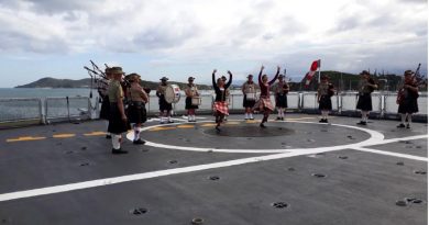 The Pipes and Drums, National Servicemen’s Memorial Band, perform aboard a French frigate during a successful trip to New Caledonia. Photo supplied.