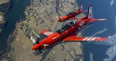 Two of the RAAF's new Pilatus PC-21 training aircraft, A54-003 and A54-004, fly over the Gippsland region. Photo by Flight Lieutenant Ash Kissock.
