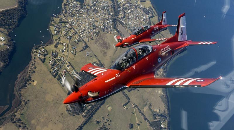 Two of the RAAF's new Pilatus PC-21 training aircraft, A54-003 and A54-004, fly over the Gippsland region. Photo by Flight Lieutenant Ash Kissock.