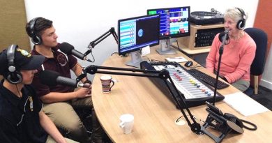 CCPL Alex Barrott-Walsh, CFSGT Eric Symons and Fiona White in the Radio Adelaide studio. Image by PLTOFF (AAFC) Paul Rosenzweig