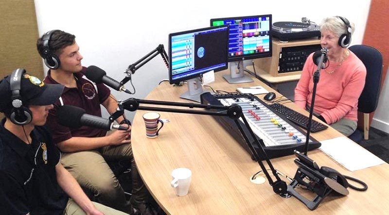 CCPL Alex Barrott-Walsh, CFSGT Eric Symons and Fiona White in the Radio Adelaide studio. Image by PLTOFF (AAFC) Paul Rosenzweig