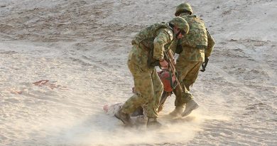 Soldiers rehearse a battlefield casualty evacuation in the Middle East. Photo by Brian Hartigan.