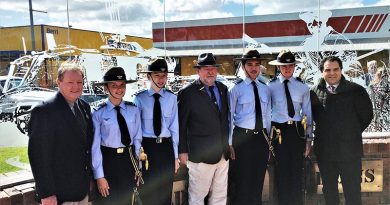 Berri Barmera Mayor Peter Hunt, LCDT Ashleigh Minnis, CCPL Owen Parry, VVAA Riverland Branch President Max Binding, LCDT Michael Powell, LCDT Ross Anderson and Tony Pasin MP. Image supplied by 603 Squadron.