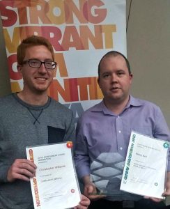 CPL (AAFC) Chris Williams (left) and WOFF (AAFC) Henry Bell with their City of Onkaparinga Civic Achievement Awards. Image supplied by 605 Squadron