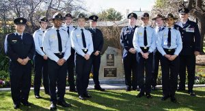 No 604 Squadron participants in the 2017 Malaya-Borneo Veterans Day Service (left to right): Corporal (AAFC) Kim Edgar, Squadron Executive Instructor; Cadet Sergeant Britney Shorter, Cadet Squadron Warrant Officer; Cadet Corporal Suyash Jain; Cadet Corporal Anthony Sanchez; Leading Cadet Byron Barnes-Williams; Cadet Under Officer Aaron Musk, Cadet Executive Officer. Pilot Officer (AAFC) Dennis Medlow, aviation instructor and Chief Flying Instructor-Gliding for 6 Wing; Leading Cadet Simon Russell; Cadet Corporal Josh Watson, Administration Officer; Leading Cadet Zain Carse; Pilot Officer (AAFC) Paul Rosenzweig.