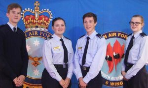 Keen to answer questions and take expressions of interest (left to right) Cadet Ethan O’Connor, Cadet Sergeant Yasmin Winterburn, Cadet Corporal Alex Barrott-Walsh and Cadet Jade Curwood. Image by Flying Officer (AAFC) Paul Rosenzweig.