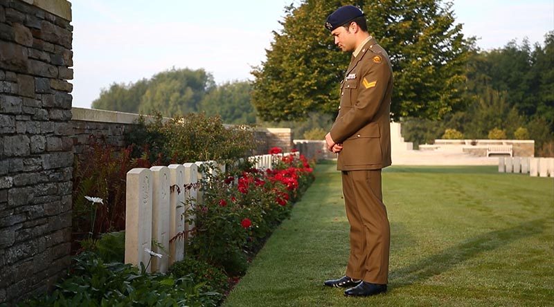 Corporal Kyle Genner visits his great-great-great-uncle Arthur Genner's grave at Buttes New British Cemetery, Zonnebeke, Belgium.