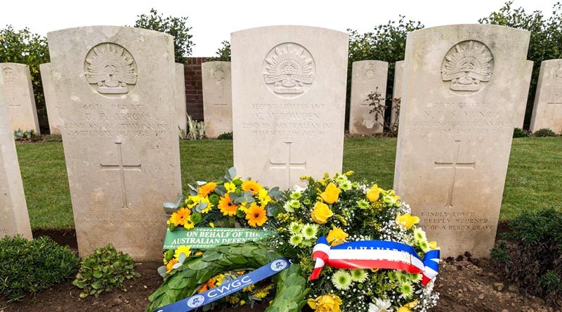 The headstone of 2nd Lieutenant Charles Maxwell Bowden of the 22nd Battalion, Australian Imperial Force, at Dive Copse Cemetery, Sailly-le-Sec, France.