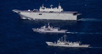 HMA Ships Adelaide, Toowoomba and Darwin in formation off the coast of Sydney, heading north on Indo-Pacific Endeavour 2017. Photo by Able Seaman Steven Thomson.