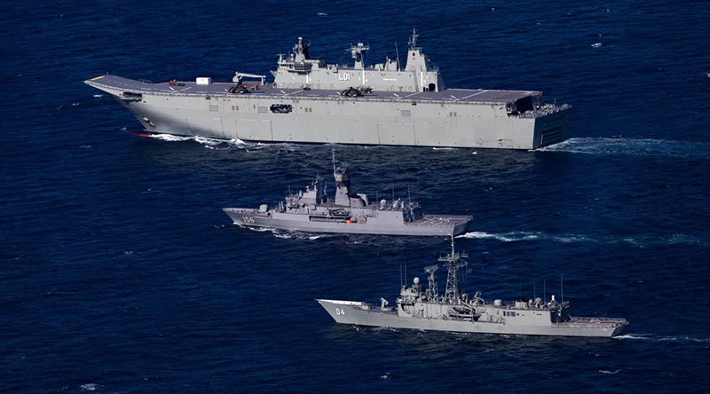 HMA Ships Adelaide, Toowoomba and Darwin in formation off the coast of Sydney, heading north on Indo-Pacific Endeavour 2017. Photo by Able Seaman Steven Thomson.