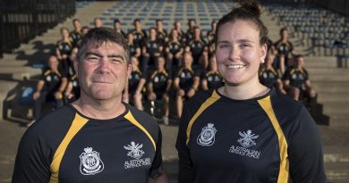 Australian Invictus Games team captains Sergeant Peter Rudland and Captain Emma Kadziolka, with the Aussie Team, at the Sydney Academy of Sport and Recreation, NSW. Photo by Corporal Jayson Tufrey.