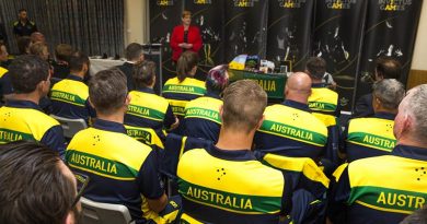 Minister for Defence Marise Payne congratulates the 2017 Invictus Games Australian Team at the Sydney Academy of Sport and Recreation. Photo by Corporal Mark Doran.