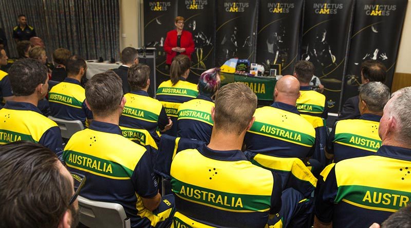 Minister for Defence Marise Payne congratulates the 2017 Invictus Games Australian Team at the Sydney Academy of Sport and Recreation. Photo by Corporal Mark Doran.