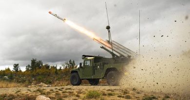 A NASAMS high-mobility launcher on a HMMWV, firing an AMRAAM missile. An Australian NASAMS is likely to be carried by Hawkei. Raytheon photo.