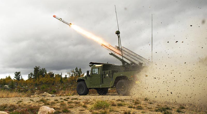 A NASAMS high-mobility launcher on a HMMWV, firing an AMRAAM missile. An Australian NASAMS is likely to be carried by Hawkei. Raytheon photo.