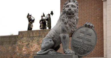 A Menin Gate Lion sits in front of the Menin Gate Memorial in Ieper, Belgium. Photo by Sergeant Christopher Dickson.