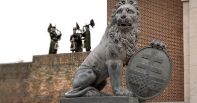 A Menin Gate Lion sits in front of the Menin Gate Memorial in Ieper, Belgium. Photo by Sergeant Christopher Dickson.