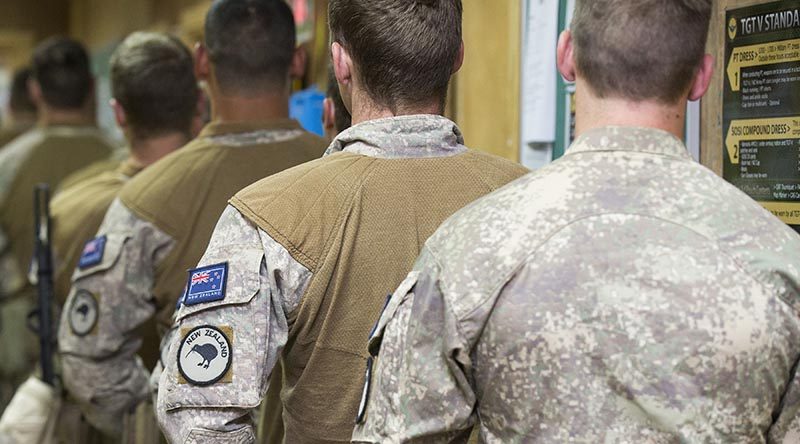 New Zealand Army soldiers line up to vote in the 2017 New Zealand general election at the Taji Military Complex, Iraq. Photo by Able Seaman Chris Beerens, ADF.