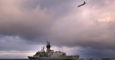 HMAS Perth is overflown by a RNZAF P-3K Orion. Photo by Able Seaman Nicolas Gonzalez.