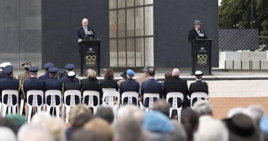 Governor-General Sir Peter Cosgrove speaks to attendees during the Dedication of the Australian National Peacekeeping Memorial on Anzac Parade, Canberra. Photo by Jay Cronan.