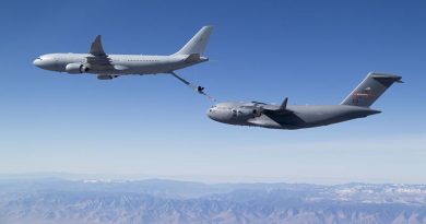 An RAAF A330-based KC-30A Multi-Role Tanker Transport (MRTT) refuels a United States Air Force C-17A Globemaster III. USAF photo.