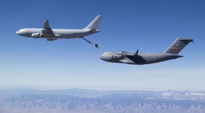 An RAAF A330-based KC-30A Multi-Role Tanker Transport (MRTT) refuels a United States Air Force C-17A Globemaster III. USAF photo.