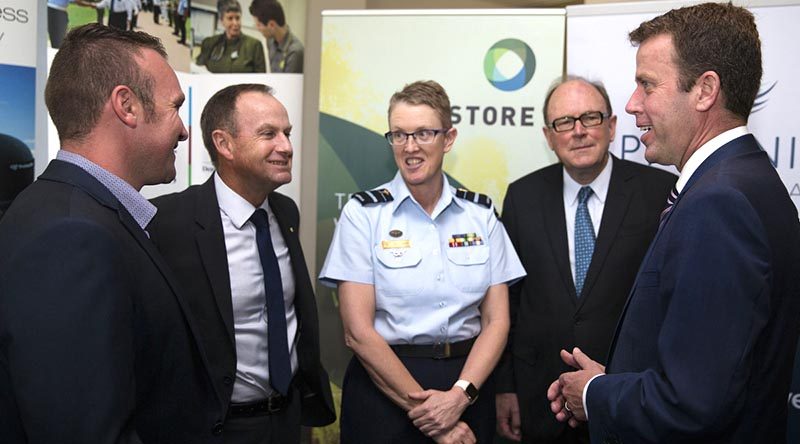 Corporal Chris May from the School of Armour, Major General Mark Kelly (retired) from the Repatriation Commission, Commander Joint Health and Surgeon General of the Australian Defence Force Air Vice Marshall Tracy Smart, Chair of Phoenix Australia – Centre for Posttraumatic Mental Health Michael Strong and Minister for Veterans’ Affairs Dan Tehan, at the launch of the Rapid Exposure Supporting Trauma Recovery (RESTORE) trial in Melbourne – 3 February 2017. Photo by Corporal Mark Doran.