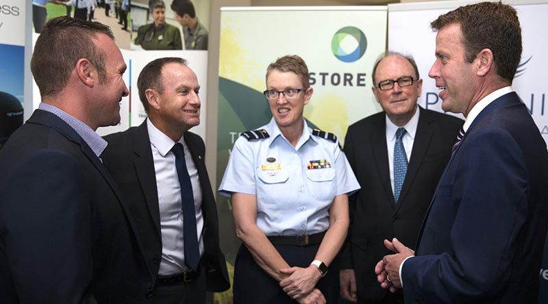 Corporal Chris May from the School of Armour, Major General Mark Kelly (retired) from the Repatriation Commission, Commander Joint Health and Surgeon General of the Australian Defence Force Air Vice Marshall Tracy Smart, Chair of Phoenix Australia – Centre for Posttraumatic Mental Health Michael Strong and Minister for Veterans’ Affairs Dan Tehan, at the launch of the Rapid Exposure Supporting Trauma Recovery (RESTORE) trial in Melbourne – 3 February 2017. Photo by Corporal Mark Doran.