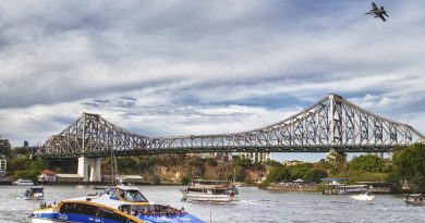 An F/A-18F Super Hornet flies low over the Story Bridge during the lead up to Riverfire 2013. File photo by Corporal Glen McCarthy.