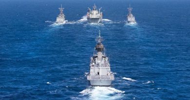 HMAS Toowoomba trails as HMAS Sirius conducts a dual replenishment at sea, refuelling HMAS Darwin (left) and HMAS Melbourne (right) simultaneously during Indo-Pacific Endeavour 2017. Photo by Leading Seaman Peter Thompson.