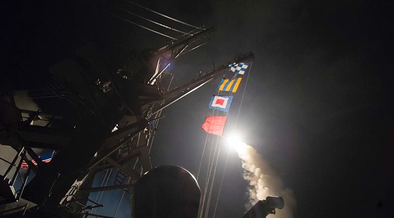 Arleigh Burke-class guided-missile destroyer USS Ross fires a Tomahawk on 7 April 2017 near Rota, Spain. US Navy photo by Mass Communication Specialist 3rd Class Robert S. Price.