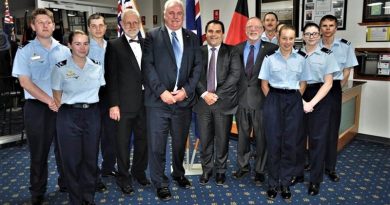 LCDT Jacob Lavery, CCPL Tegan Thomas, LCDT Robert Buscumb, Councillor Jerry Wilson, Adrian Pederick MP, Tony Pasin MP, Merv Schopp, RSL sub-branch President, Flying Officer (AAFC) Paul Lemar, LCDT Brooke Hopper (obscured), CDT Gretel Lees, LCDT Seana Penny and CUO Samuel Mach.