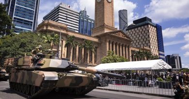 An M1A1 Abrams tank from the 2nd/14th Light Horse Regiment (Queensland Mounted Infantry) moves past the reviewing dais during their Freedom of Entry March into Brisbane City. Photo by Corporal Oliver Carter.