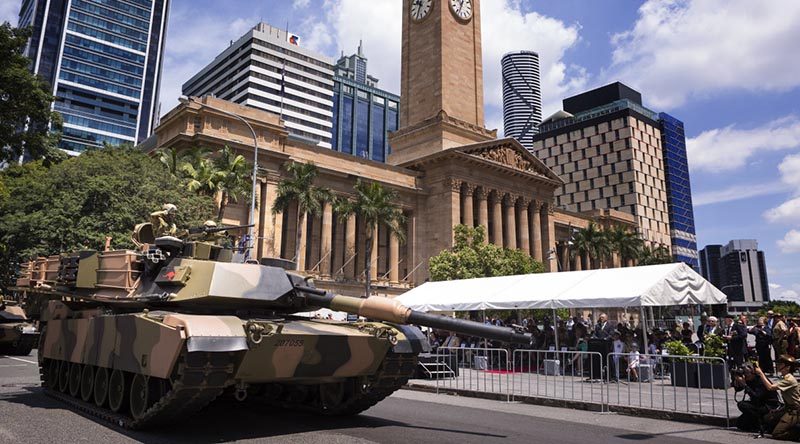 An M1A1 Abrams tank from the 2nd/14th Light Horse Regiment (Queensland Mounted Infantry) moves past the reviewing dais during their Freedom of Entry March into Brisbane City. Photo by Corporal Oliver Carter.