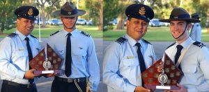 Kyle Roberts (Cadet Flight Sergeant at the time)(left) receives the trophy for Dux of the 2017 Cadet Under Officer Course – and, Alex Burrow (Cadet Corporal at the time) receives the trophy for Dux of the 2017 Cadet Senior Non-Commissioned Officer Course (Course A) – from GPCAPT (AAFC) Mark Dorward. Photos by FLGOFF (AAFC) Paul Rosenzweig.
