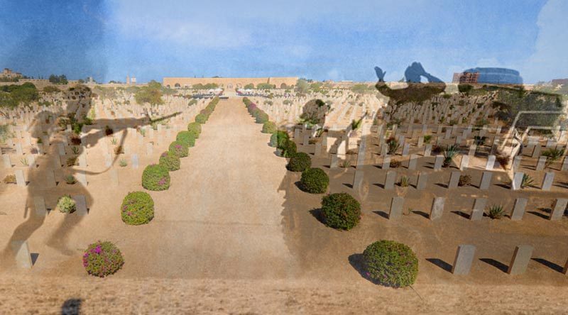 The Commonwealth War Graves Commission Cemetery in El Alamein, Egypt, overlaid with battle scene. Wargraves photo by Corporal Christopher Dickson – digital overlay by CONTACT.