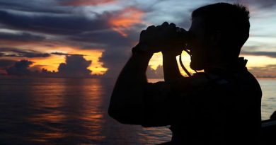 Lieutenant Paul Hodgins keeps watch from the bridge wing of HMAS Stuart on the way to Exercise Haedoli-Wallaby 2015. Photo by Able Seaman Kayla Hayes.