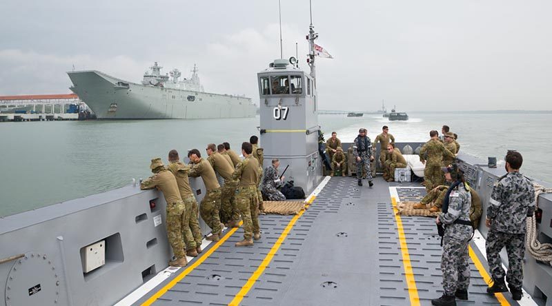 Landing craft from HMAS Adelaide sail through Port Klang to conduct training with Malaysian Armed Forces during a visit to Malaysia for Indo Pacific Endeavour 2017. Photo by Leading Seaman Peter Thompson.