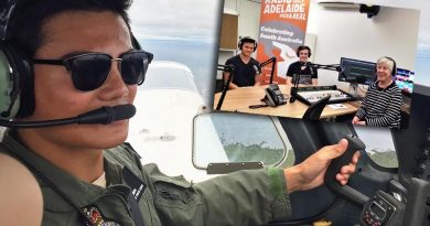 Kyle Roberts as a 16-year-old Cadet Sergeant (2016) undergoing pilot training in a powered aircraft and, inset with Cadet Flight Sergeant Alex Burrow (centre) in the Radio Adelaide studio, with Service Voices interviewer Fiona White.