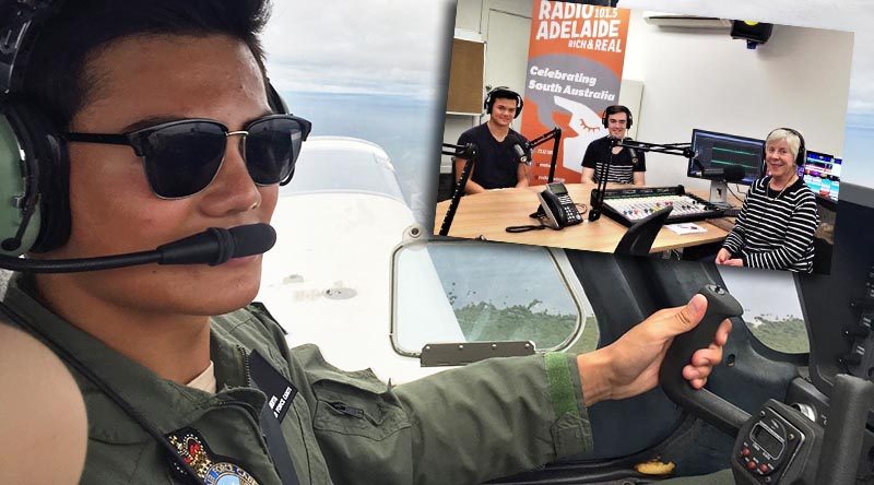 Kyle Roberts as a 16-year-old Cadet Sergeant (2016) undergoing pilot training in a powered aircraft and, inset with Cadet Flight Sergeant Alex Burrow (centre) in the Radio Adelaide studio, with Service Voices interviewer Fiona White.