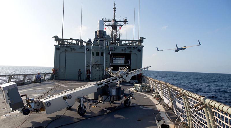 ScanEagle is launched from the flight deck of HMAS Newcastle, on patrol in the Middle East. Photo by Able Seaman Nicolas Gonzalez.