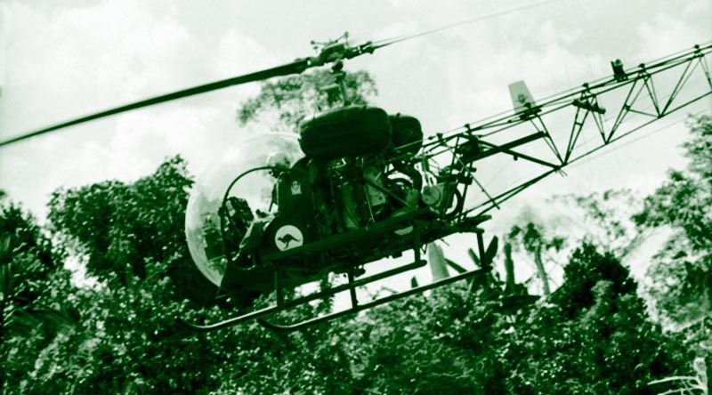 An RAAF Sioux helicopter in Vietnam, 1968, from Australian War Memorial collection. From black and white, colourised by CONTACT.