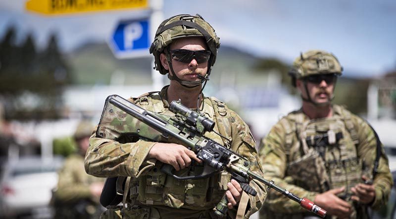 Australian Army Private Tobey McKean patrols through the town of Havelock, New Zealand, during Exercise Southern Katipo 2017. Photo by Sergeant Ricky Fuller.